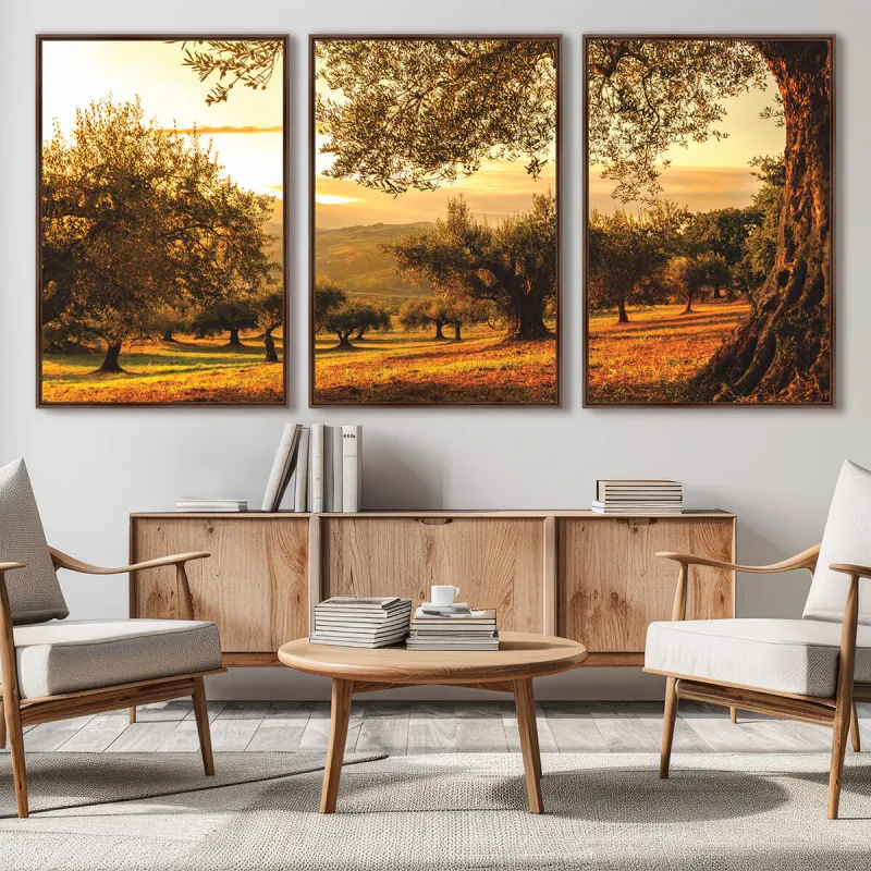 Quadro Decorativo Paisagem Oliveiras no Campo ao Entardecer