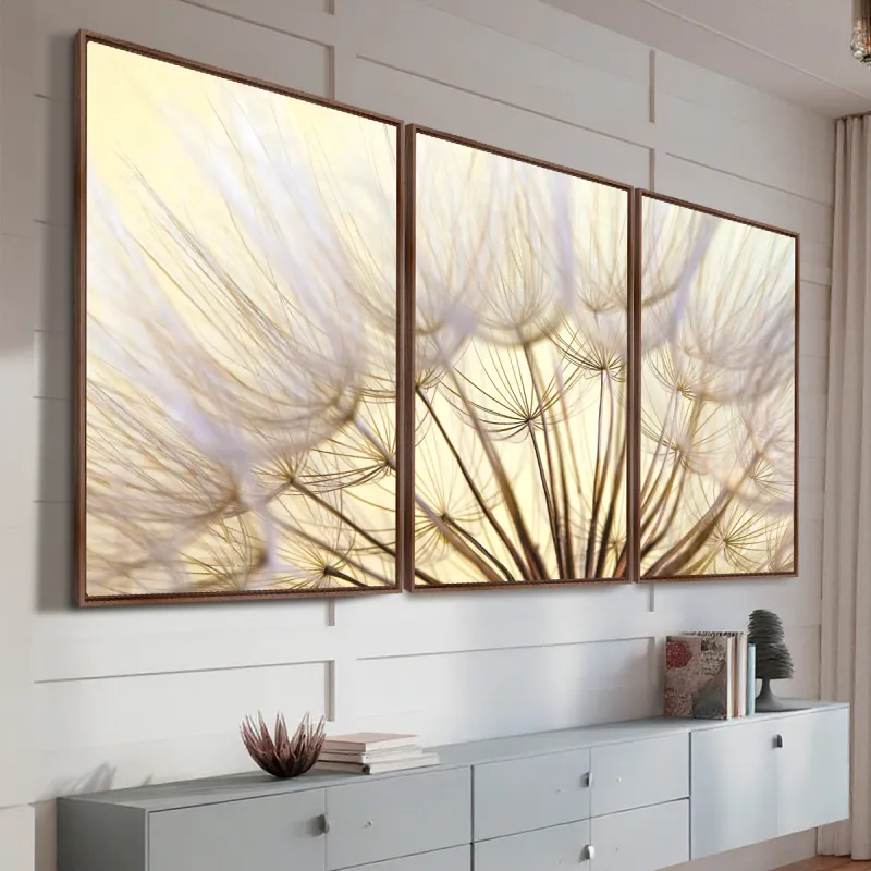 Quadro Flores Dente de Leao Closeup Natureza em Arte 3 Pecas