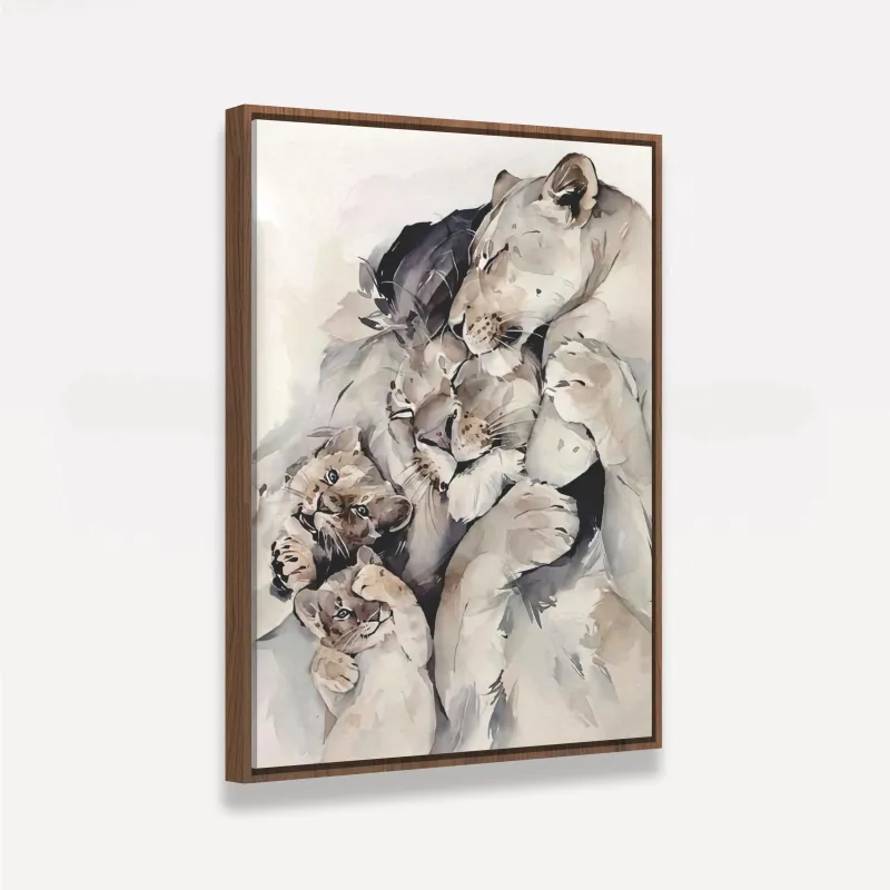 Quadro Leão Casal 2 Filhotes Amor de Família - Tela Artística
