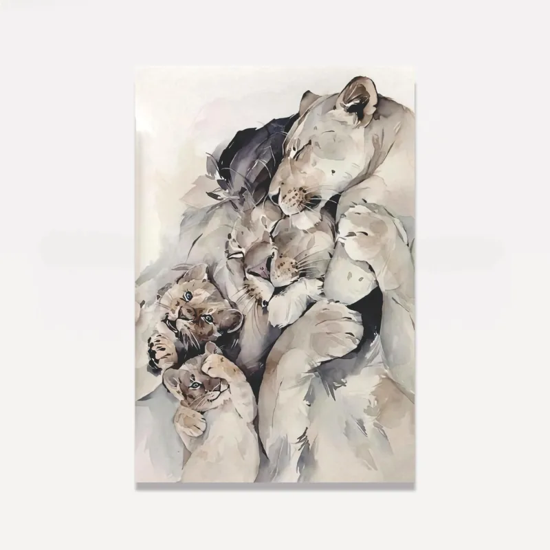 Quadro Leão Casal 2 Filhotes Amor de Família - Tela Artística