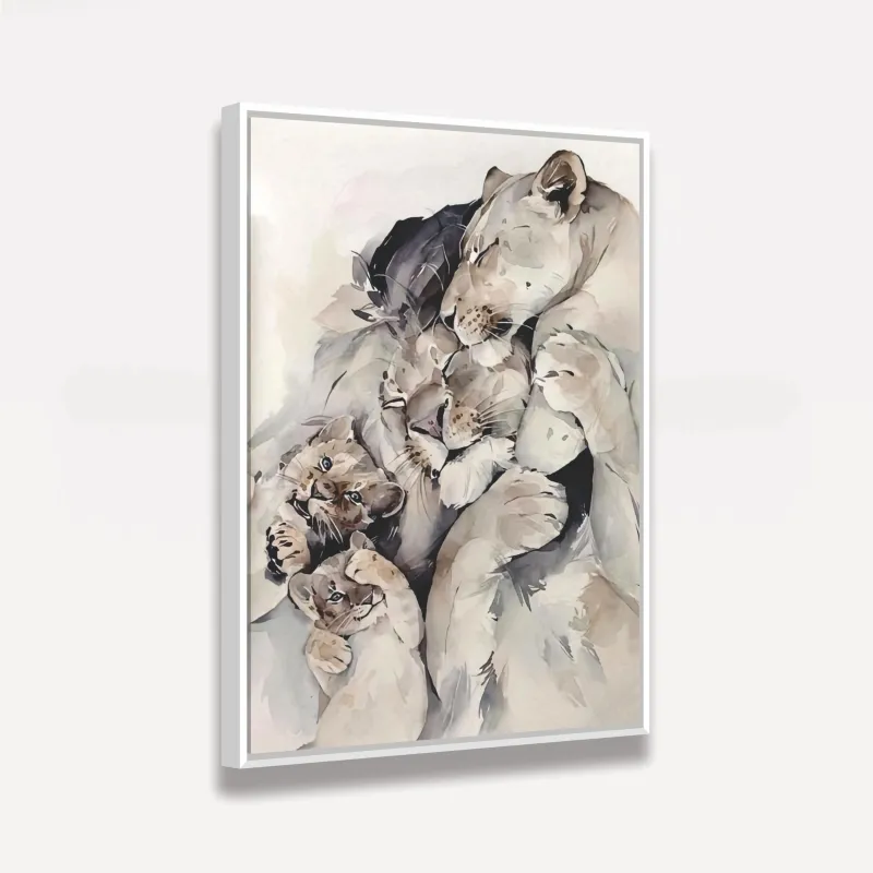 Quadro Leão Casal 2 Filhotes Amor de Família - Tela Artística