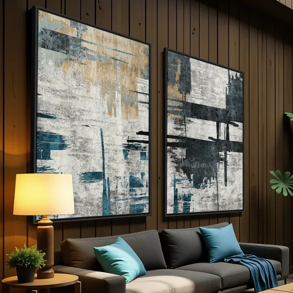  Quadro Duo Abstrato Texturas Modernas e Linhas Industriais