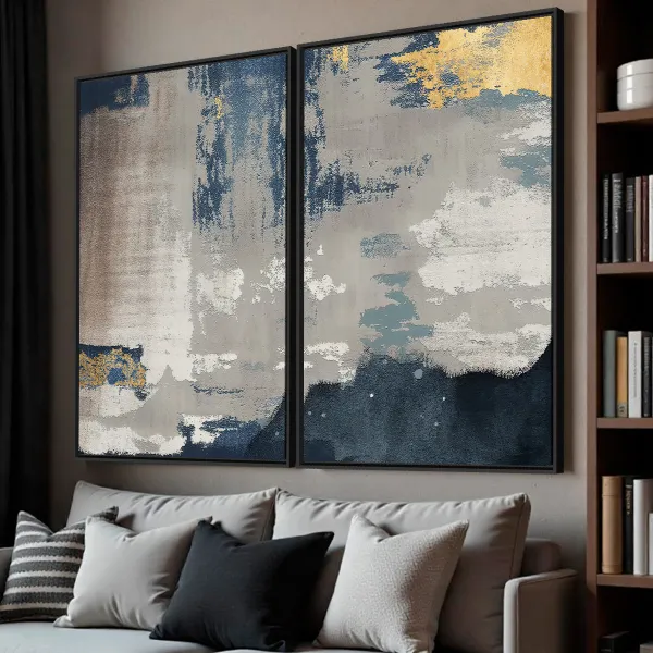 Quadro Duo Abstrato Arte Moderna Azul e Cinza Toque Metálico