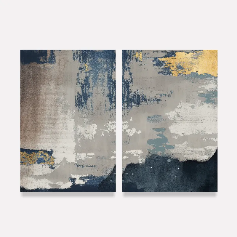 Quadro Duo Abstrato Arte Moderna Azul e Cinza Toque Metálico