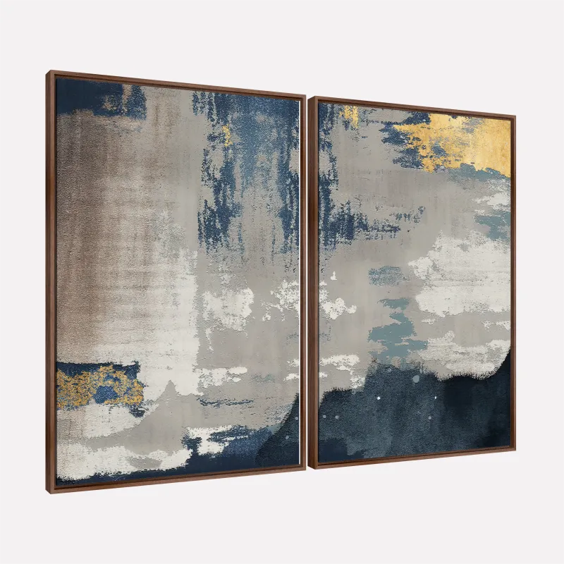 Quadro Duo Abstrato Arte Moderna Azul e Cinza Toque Metálico