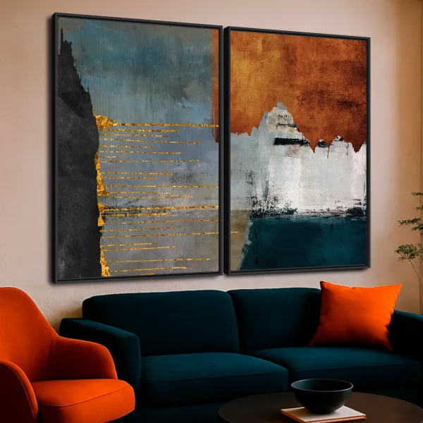 Quadro Abstrato Composição Moderna Cores Intensas Bronze e Azul