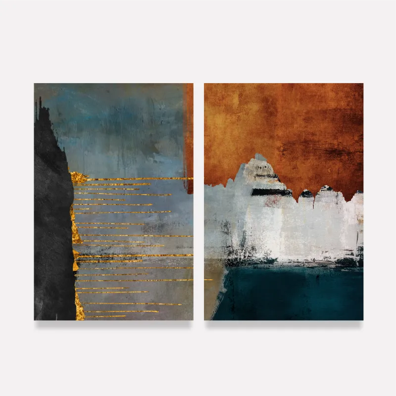 Quadro Abstrato Composição Moderna Cores Intensas Bronze e Azul