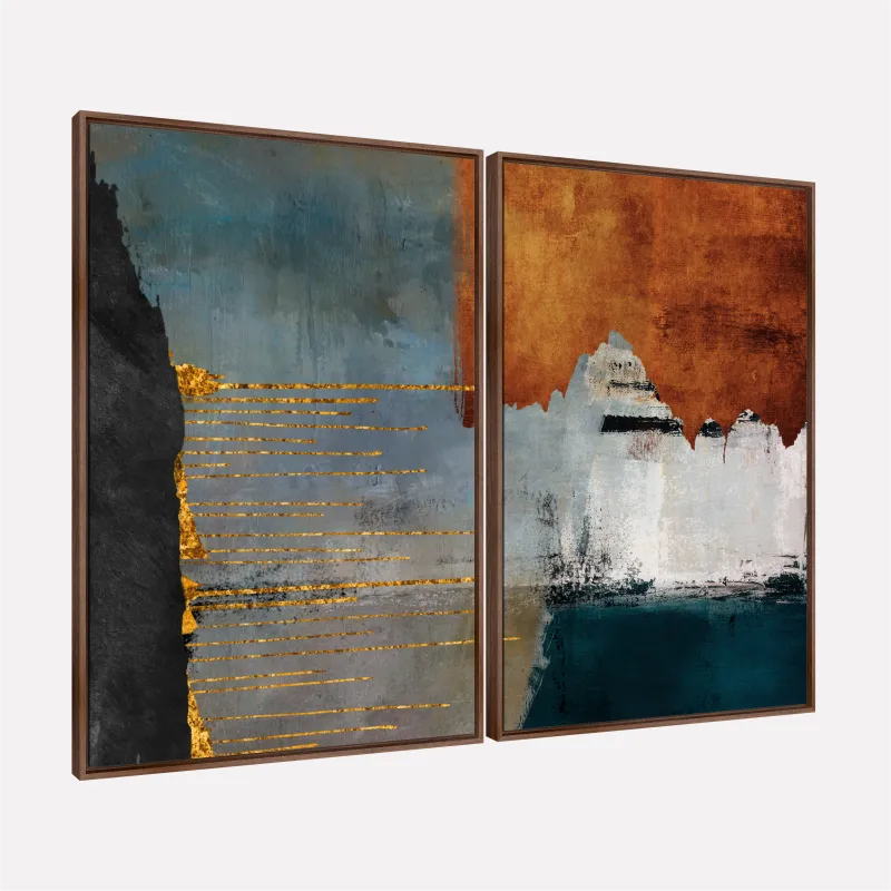 Quadro Abstrato Composição Moderna Cores Intensas Bronze e Azul