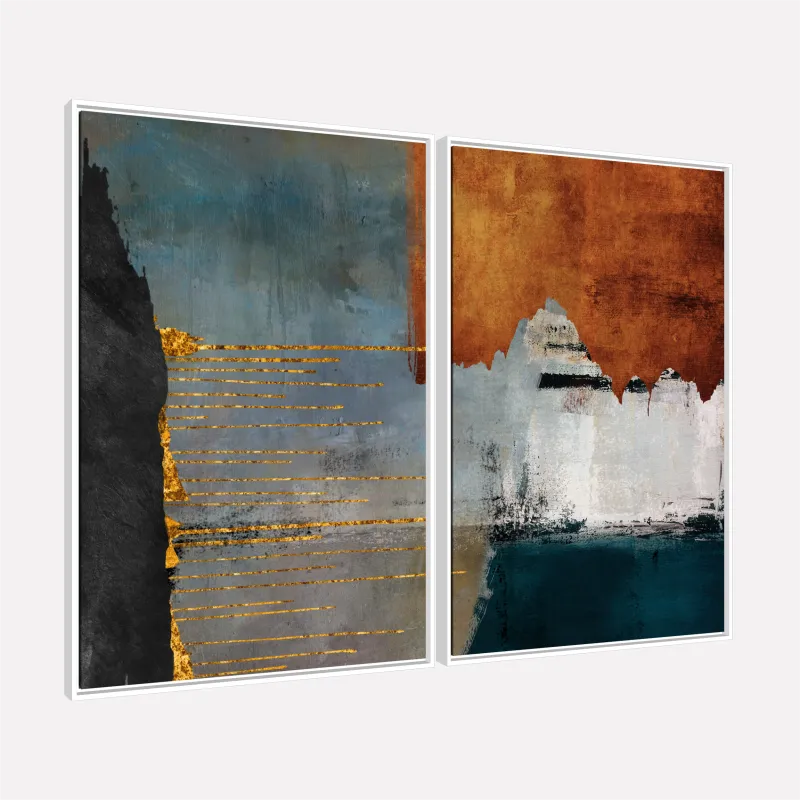 Quadro Abstrato Composição Moderna Cores Intensas Bronze e Azul