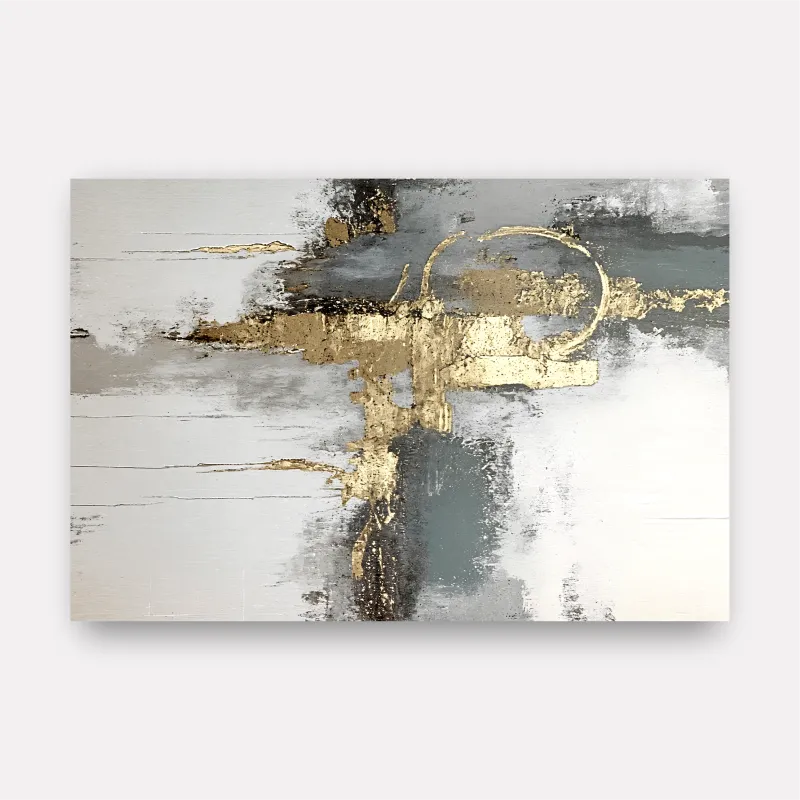 Quadro Abstrato Moderno em Tons Neutros com Detalhe Dourado