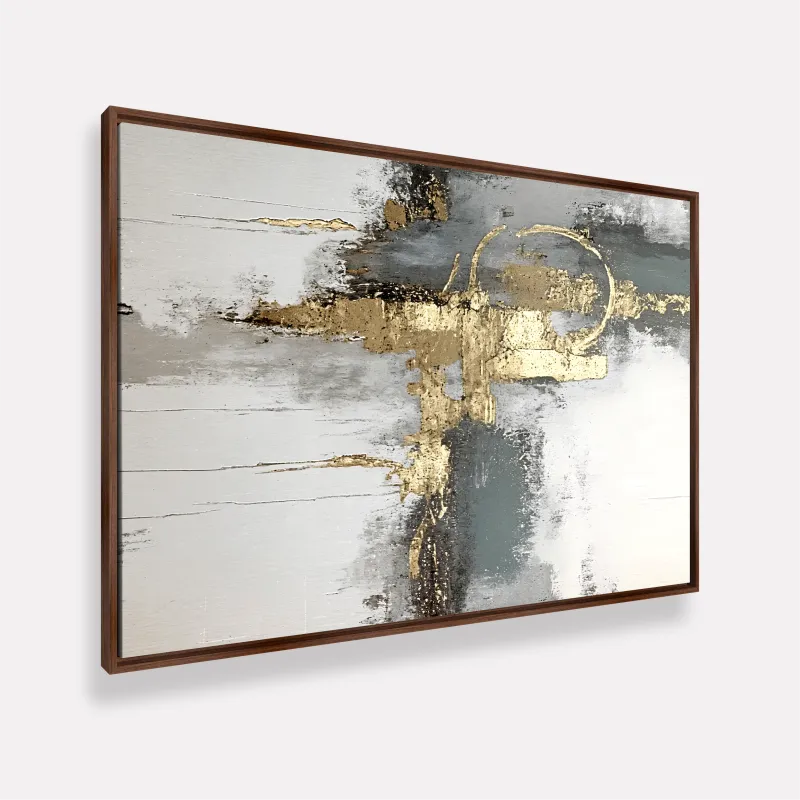 Quadro Abstrato Moderno em Tons Neutros com Detalhe Dourado