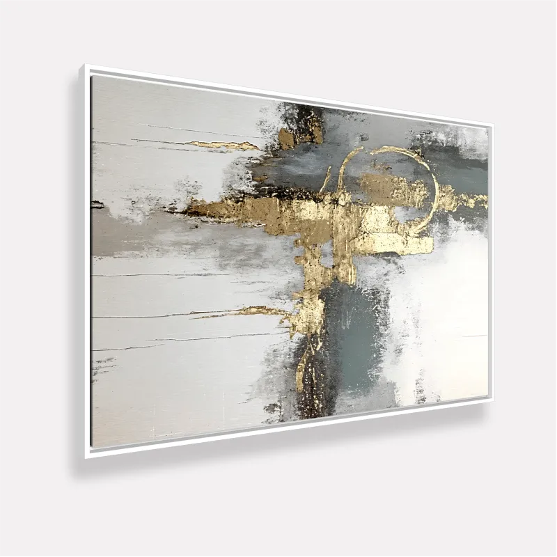 Quadro Abstrato Moderno em Tons Neutros com Detalhe Dourado