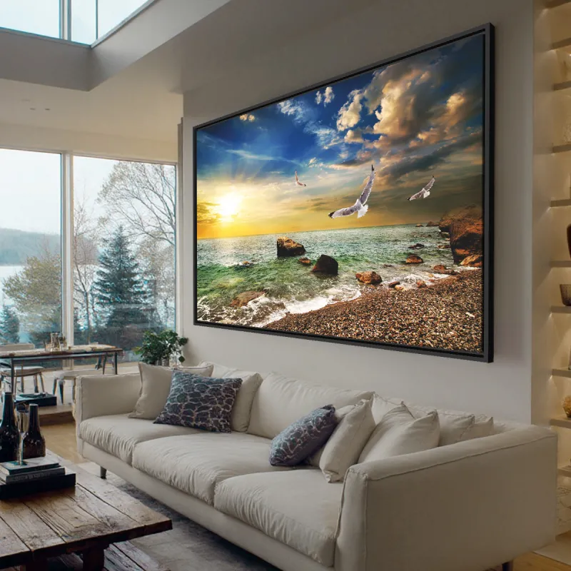 Quadro Praia Mar Pássaros ao Sol Radiante