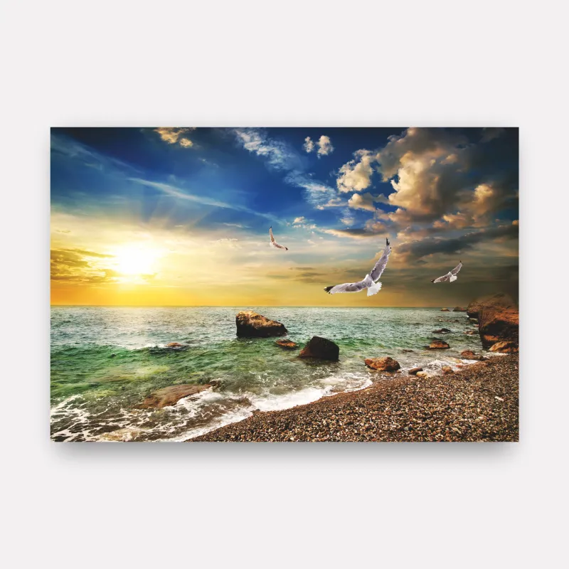 Quadro Praia Mar Pássaros ao Sol Radiante