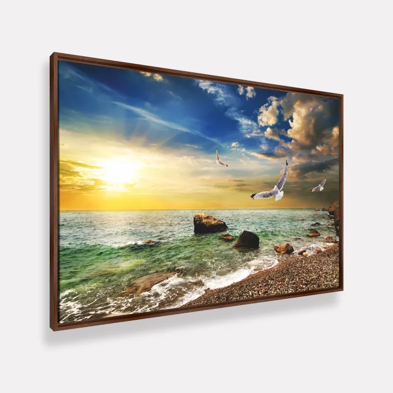 Quadro Praia Mar Pássaros ao Sol Radiante