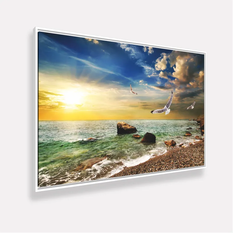 Quadro Praia Mar Pássaros ao Sol Radiante