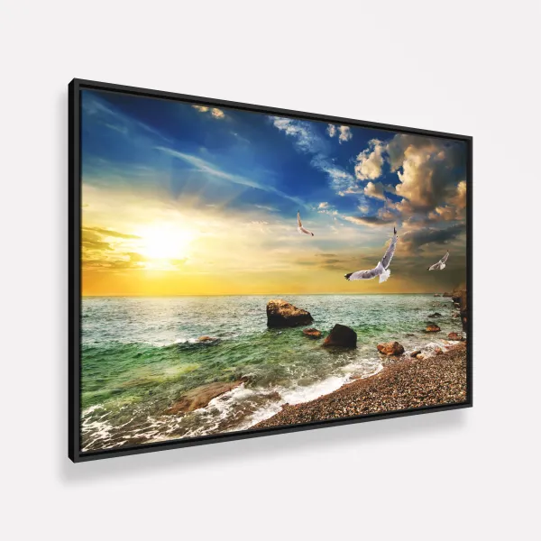 Quadro Praia Mar Pássaros ao Sol Radiante