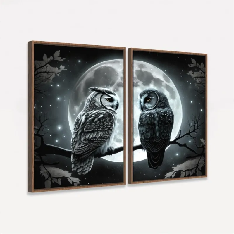 Quadro Casal Corujas Amor Noturno ao Luar 