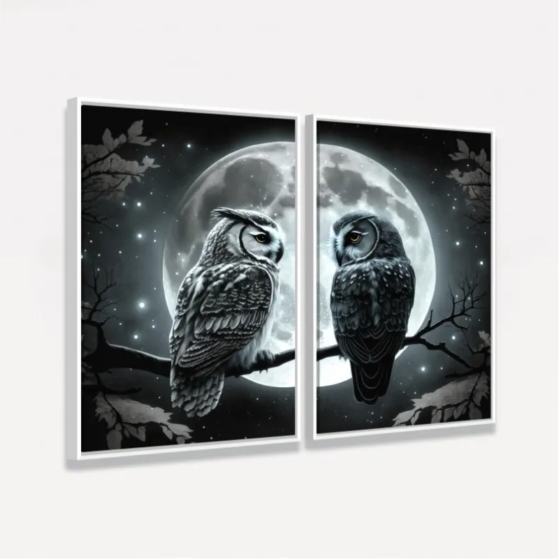 Quadro Casal Corujas Amor Noturno ao Luar 
