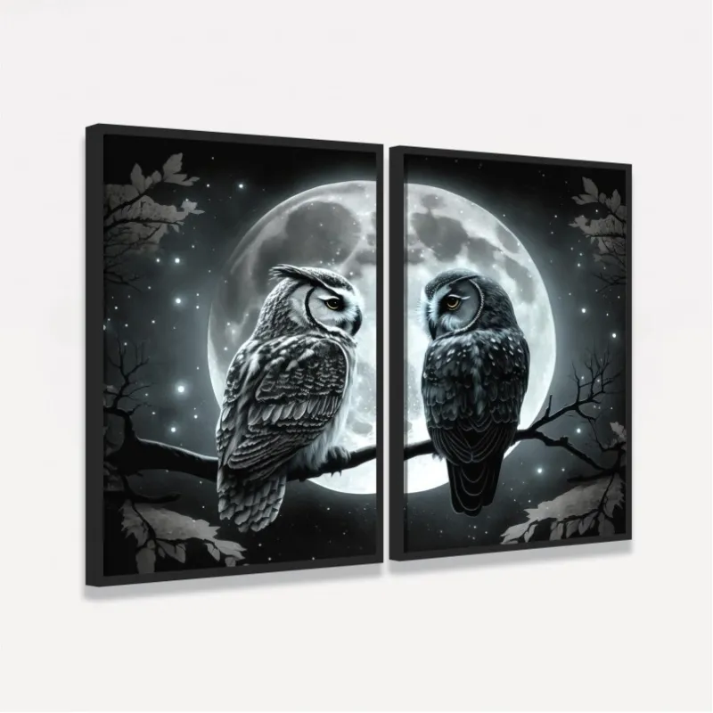 Quadro Casal Corujas Amor Noturno ao Luar 