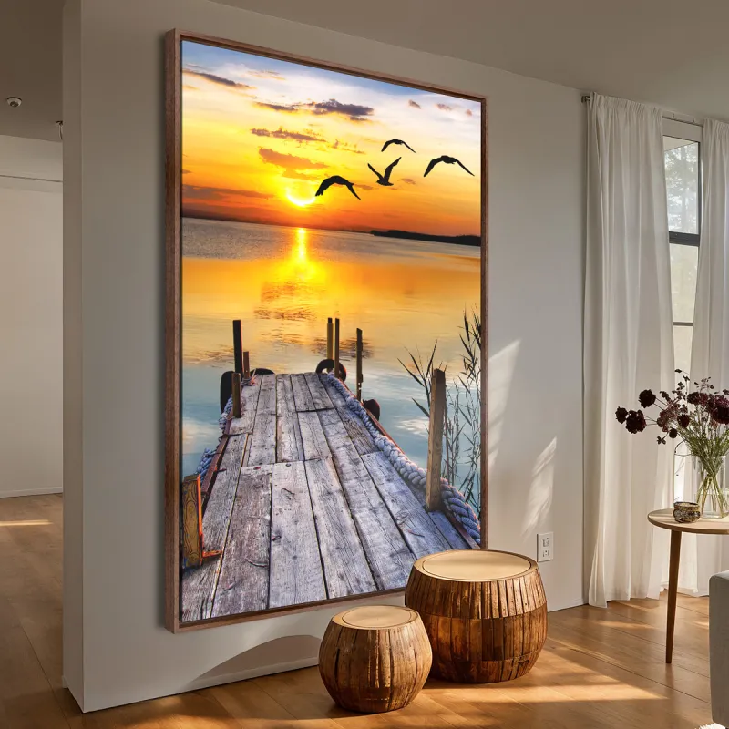 Quadro Serenidade ao Entardecer Mar Pier e Pássaros