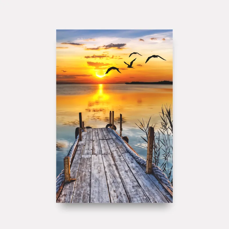 Quadro Serenidade ao Entardecer Mar Pier e Pássaros