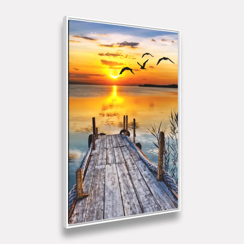 Quadro Serenidade ao Entardecer Mar Pier e Pássaros
