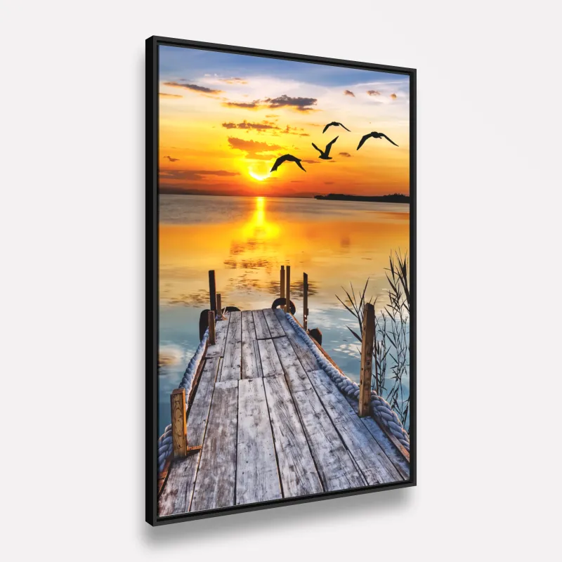Quadro Serenidade ao Entardecer Mar Pier e Pássaros