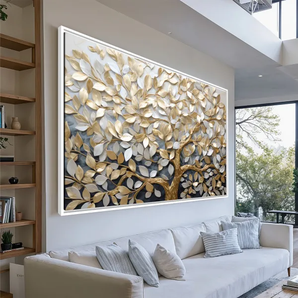 Quadro Abstrato Árvore da Vida em Abundância Detalhes Ouro e Prata