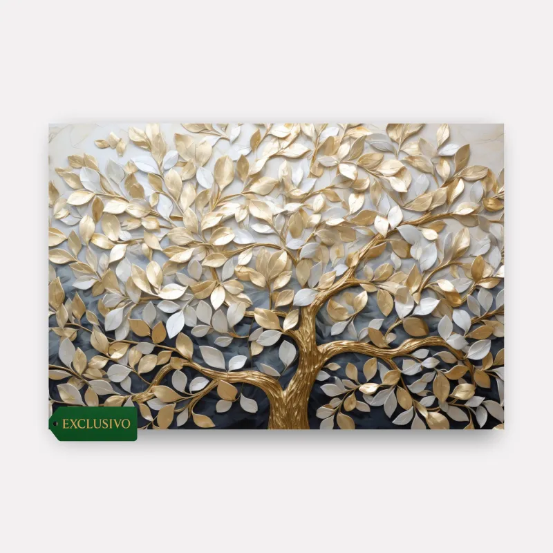 Quadro Abstrato Árvore da Vida em Abundância Detalhes Ouro e Prata