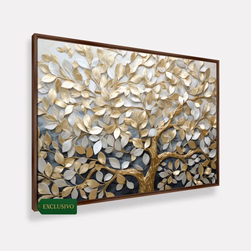 Quadro Abstrato Árvore da Vida em Abundância Detalhes Ouro e Prata