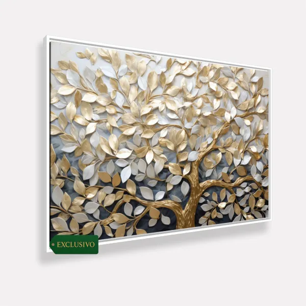 Quadro Abstrato Árvore da Vida em Abundância Detalhes Ouro e Prata