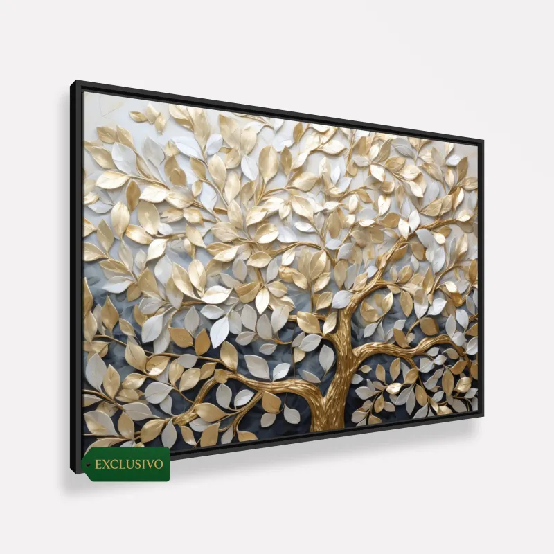 Quadro Abstrato Árvore da Vida em Abundância Detalhes Ouro e Prata