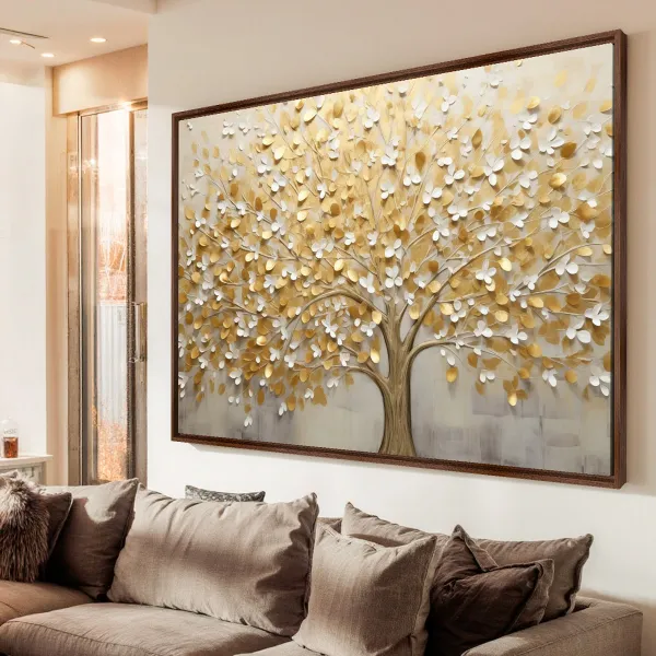 Quadro Árvore da Vida Abstrato Folhas Douradas em Arte