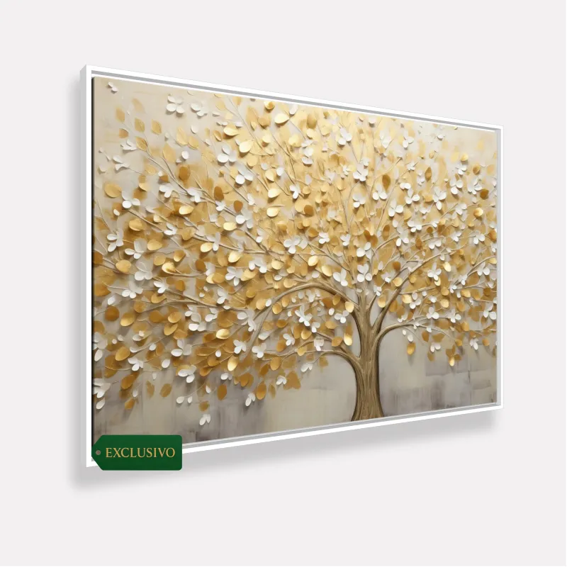 Quadro Árvore da Vida Abstrato Folhas Douradas em Arte