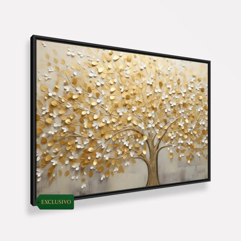 Quadro Árvore da Vida Abstrato Folhas Douradas em Arte