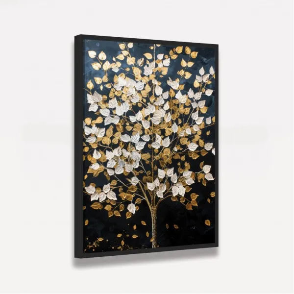 Quadro Abstrato Árvore Folhas Douradas e Brancas