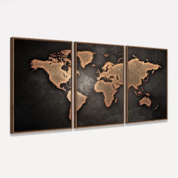 Quadro Mapa Mundi Efeito Vintage Mosaico 3 Peças